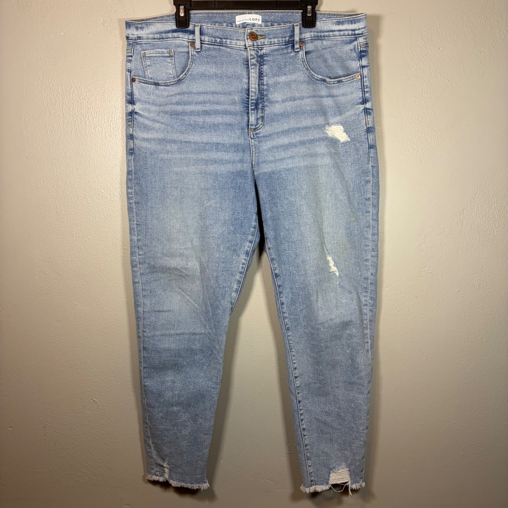 Loft Womens Light Wash Distressed High Rise Skinny Jeans Raw Hem Size 18/34